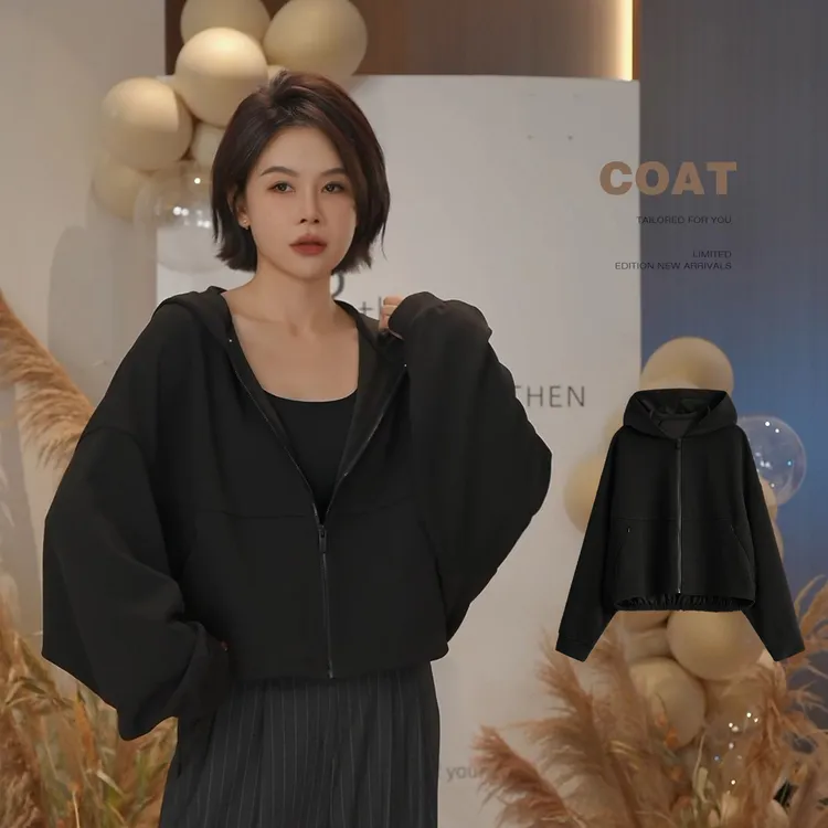 辰辰妈【黑影】连帽外套女2025新款黑色百搭休闲拉链卫衣8527DM