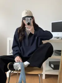 美式白色宽松半拉链连帽卫衣女春秋爆款2025新款显瘦休闲上衣即墨