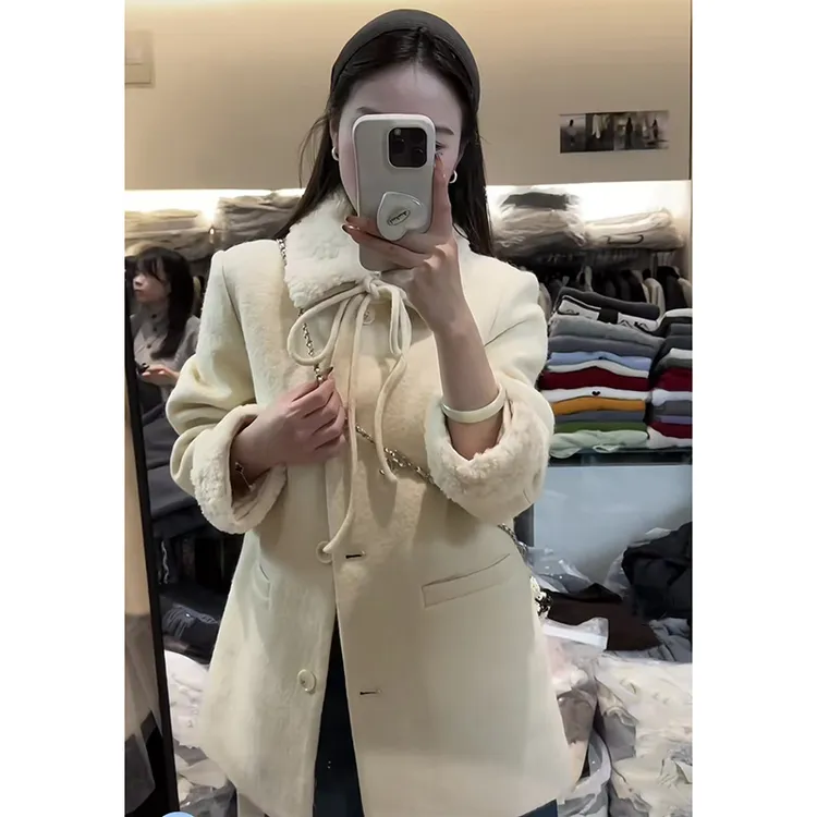千金感系带毛绒翻领外套冬季韩系小香休闲通勤大衣呢子上衣女