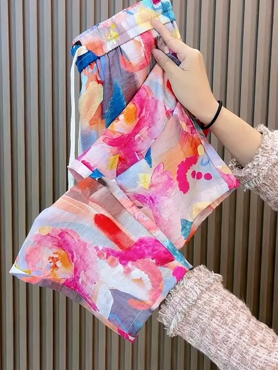 夏季百搭时尚碎花显瘦洋气休闲宽松抖抖裤气质时尚薄款女士哈伦裤
