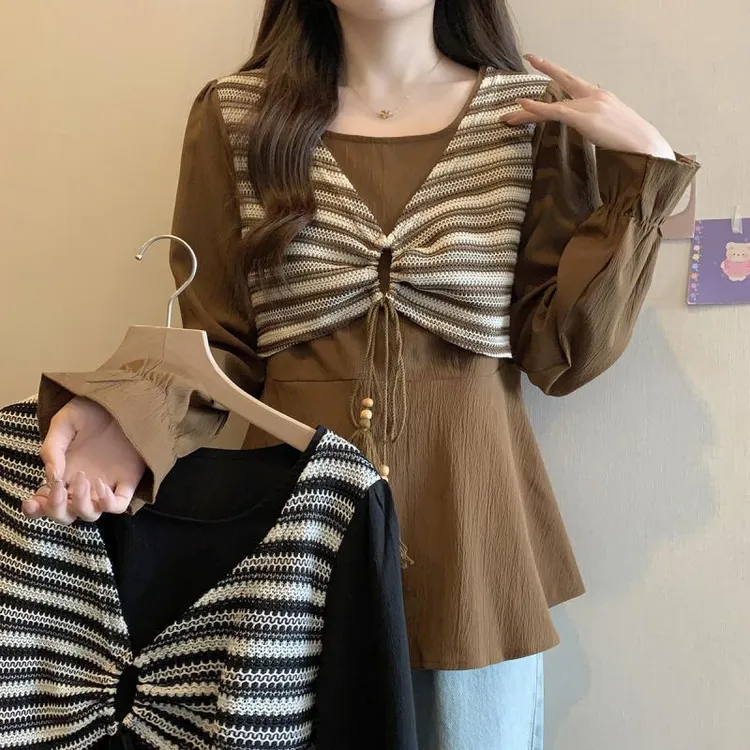 300斤超大码女装时尚新款拼接假两件上衣衬衫胖mm美式复古打底衫