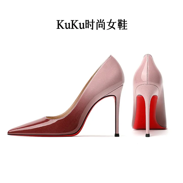 羊漆皮浅口渐变色高跟鞋女2025新款时尚气质性感尖头细跟百搭单鞋