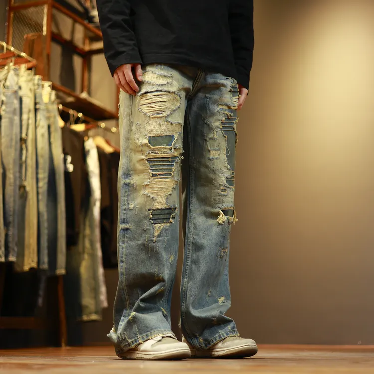 3202宽松水洗复古脏旧潮流个性补丁直筒牛仔裤