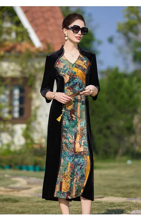 D50956春装2925新款连衣裙收腰显瘦中年妈妈款旗袍改良气质长裙子