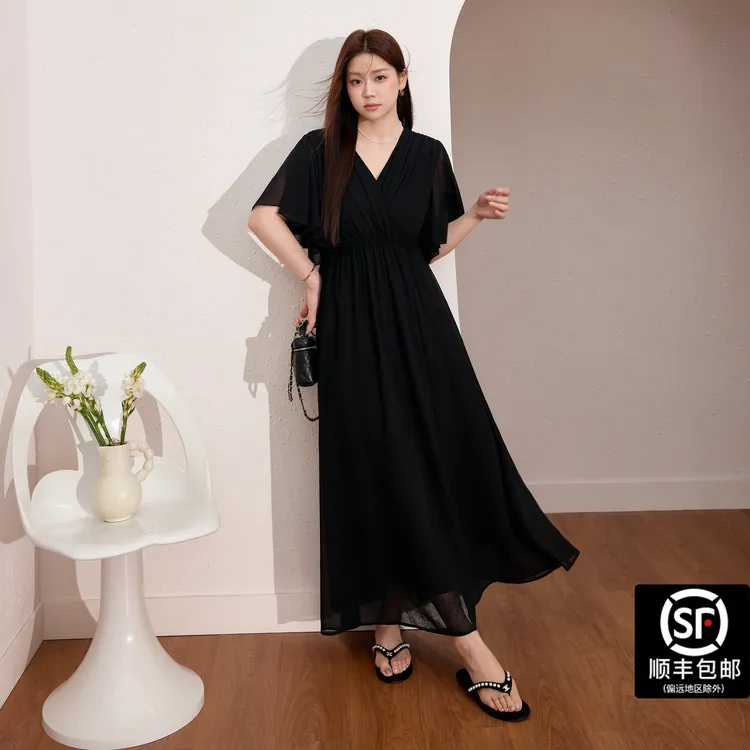 蓝语大码女装赫本风v领雪纺抓花连衣裙2025夏季掐腰显瘦气质a字裙