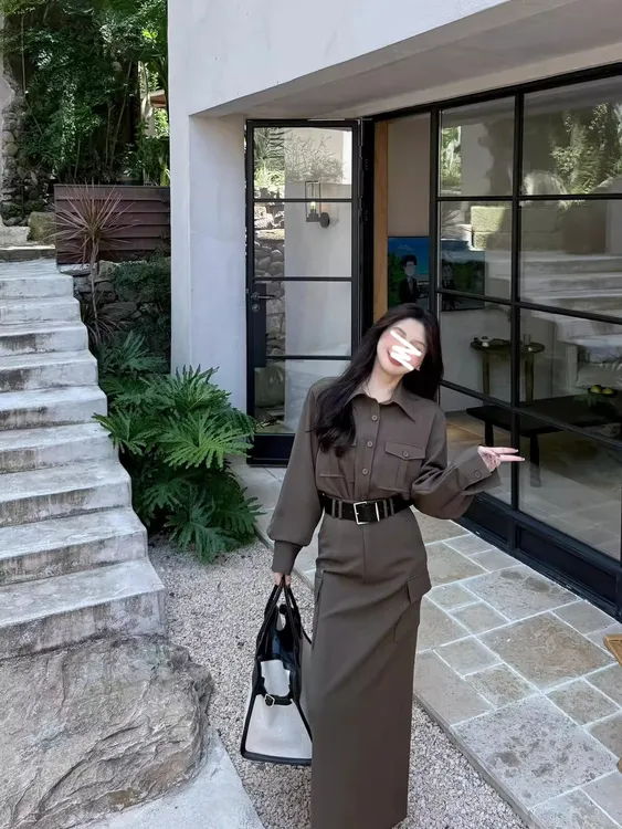美式复古通勤工装套装设计感收腰长袖衬衫女秋季裙子半身裙两件套