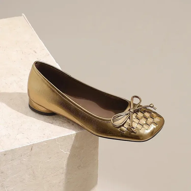 2025方头时尚低跟单鞋舒适百搭夏季休闲风浅口纯色蝴蝶结女单鞋