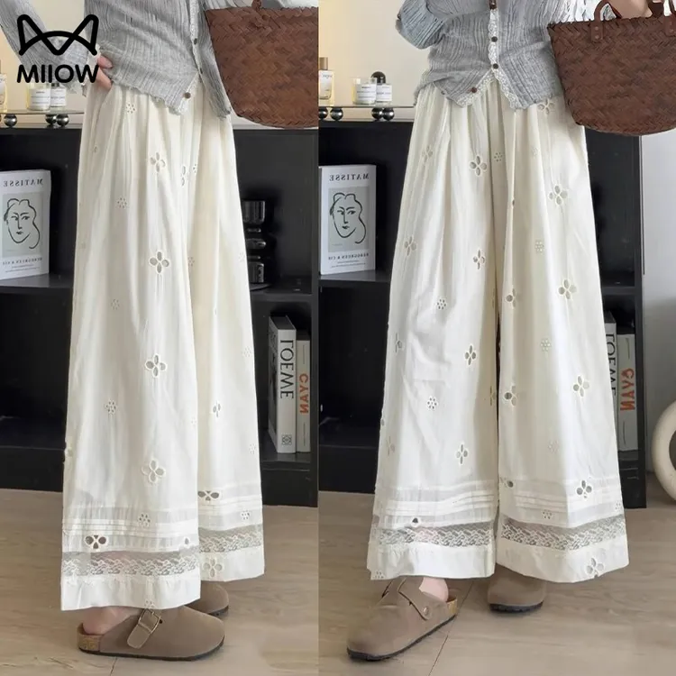 猫人韩系镂空冰丝阔腿裤女夏季2025新款设计感蕾丝拼接高腰休闲裤