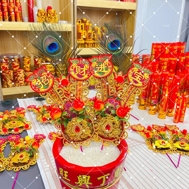 潮汕手工凤尾金花新款带石榴家用节日金花摆件民俗工艺品