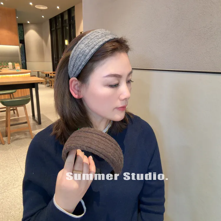 洋气宽边毛线针织宽边发箍气质压发灰色头箍韩国日常百搭外出发卡