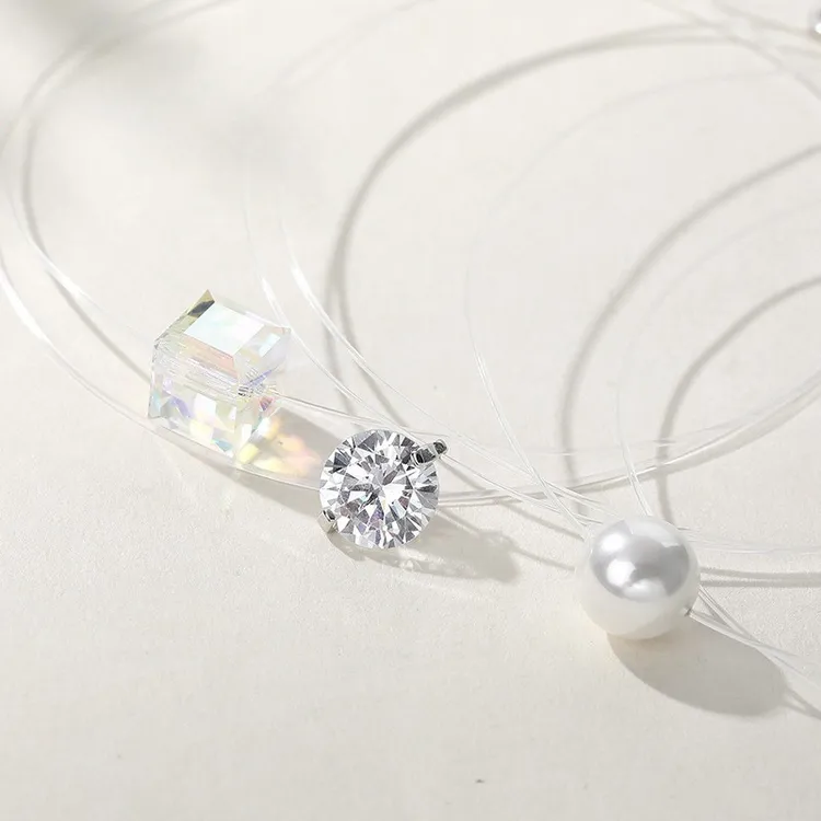 吊坠925银锆石 纯银锆石人鱼之泪项链圆珠吊坠透明鱼线气质方块女