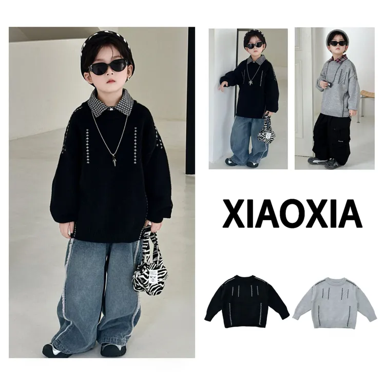 XXJ 2290 星芒【银灰十字】高级韩系套头毛衣撞色设计感针织衫