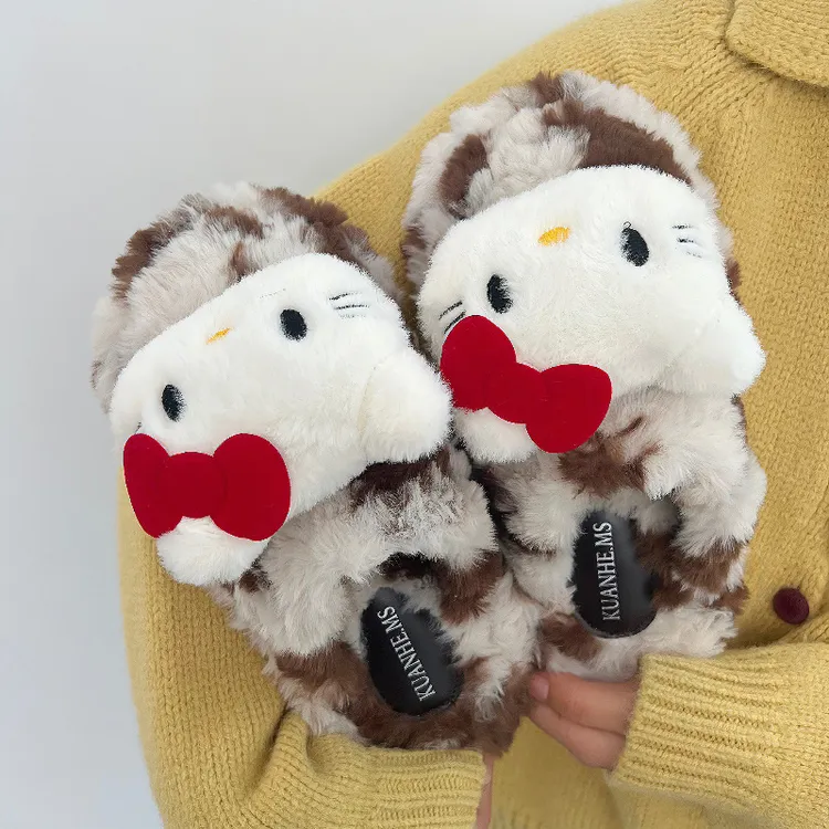 千禧辣妹风豹纹小猫复古包头毛毛拖鞋女款室内防滑保暖加绒棉拖鞋商品图