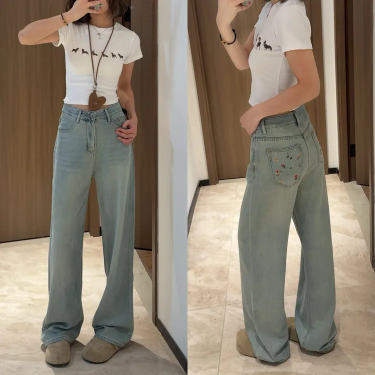 天丝牛仔裤女夏季薄款高腰垂感窄版直筒显瘦浅蓝冰丝阔腿裤