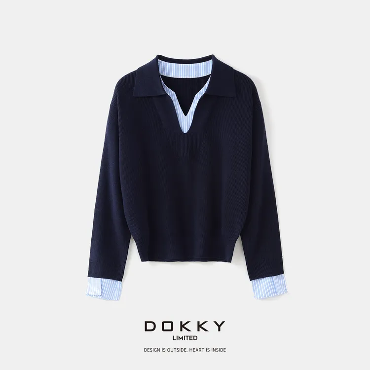 Dokky「牛津学院」减龄学院风.假两件针织衫D0017