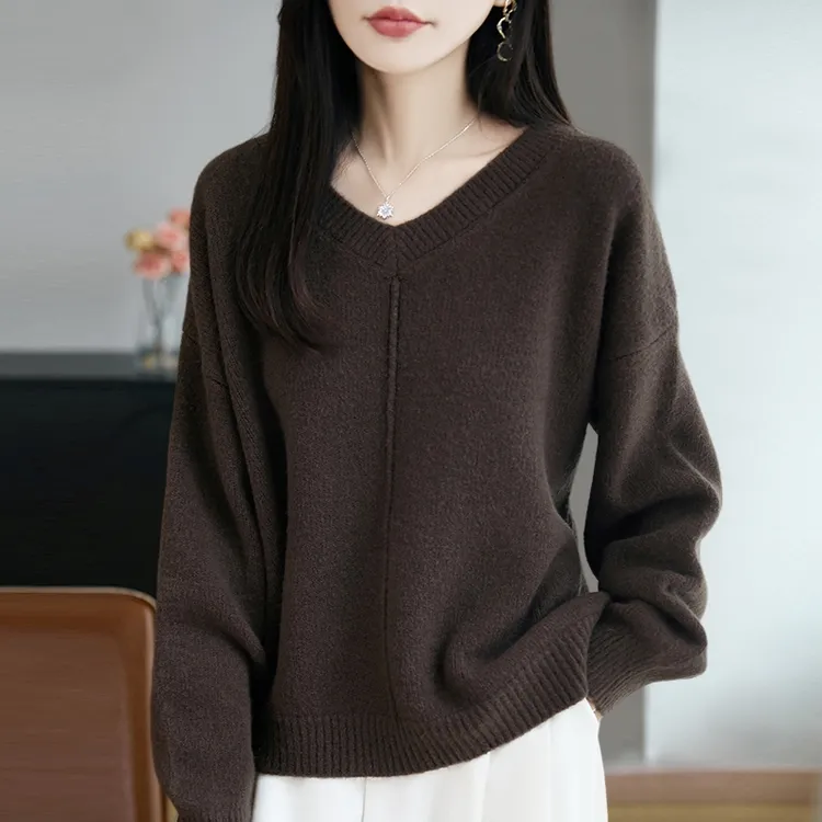 【全羊毛V领条纹】秋冬新款女士针织宽松型打底衫毛针织衫加厚1322