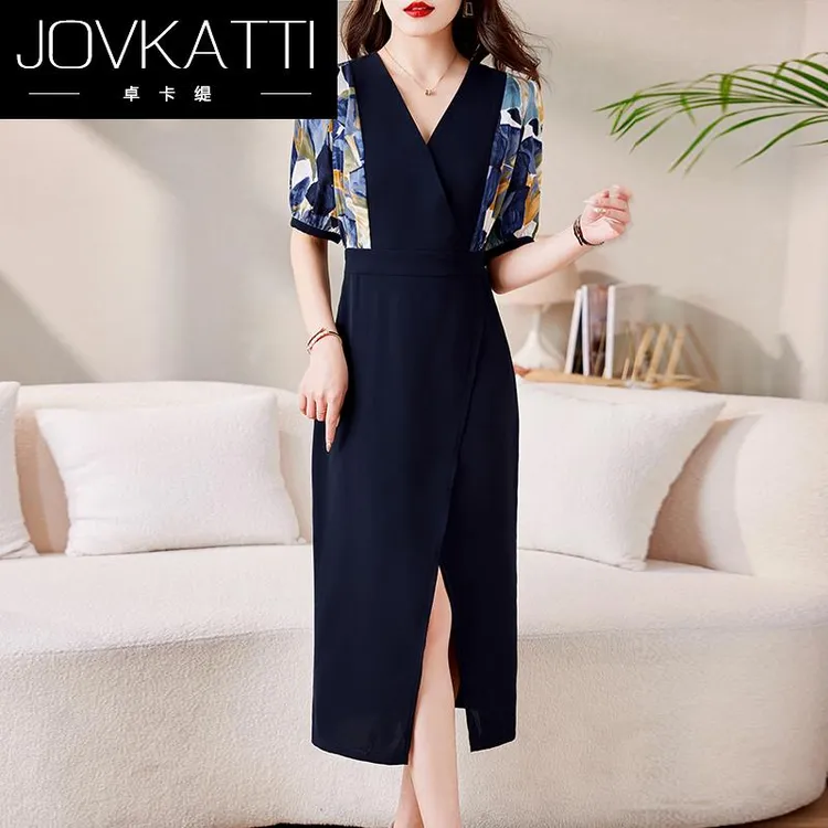 Jovkatti高级感连衣裙女夏2025新款气质修身显瘦茶歇法式V领别致