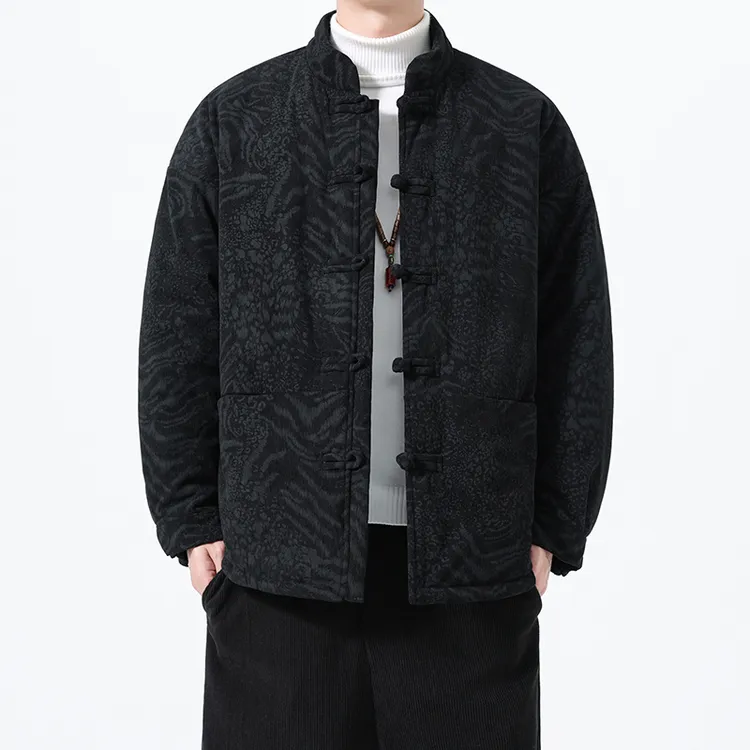 中国风豹纹印花灯芯绒棉衣男冬季新中式立领盘扣唐装加厚棉服外套