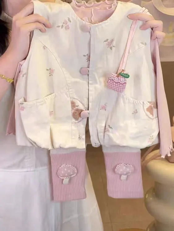 女童秋季马甲套装2025新款儿童宝宝洋气碎花背心长袖打底裤三件套