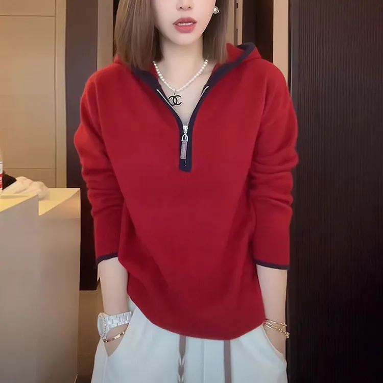 秋冬女红色连帽毛衣慵懒高级感半拉链宽松显瘦内搭打底帽衫上衣