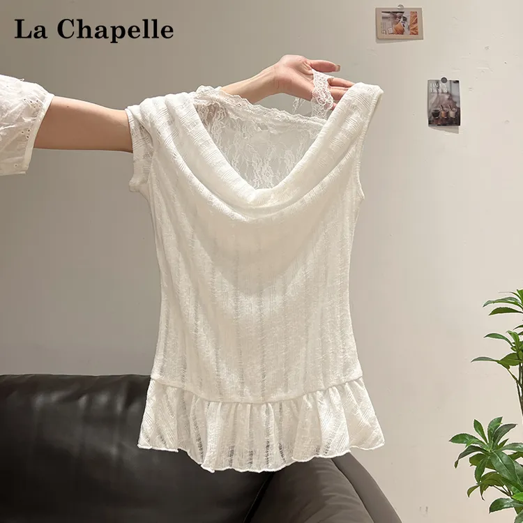 拉夏贝尔蕾丝飘带挂脖拼接别致小众短袖T恤夏季露肩修身辣妹上衣