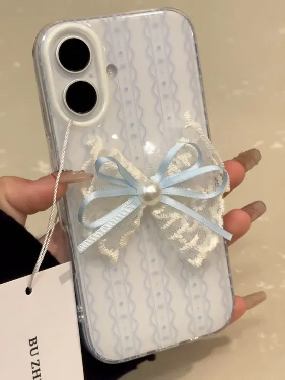 蓝色蕾丝蝴蝶结适用iphone16promax手机壳苹果15新款14双层13创意