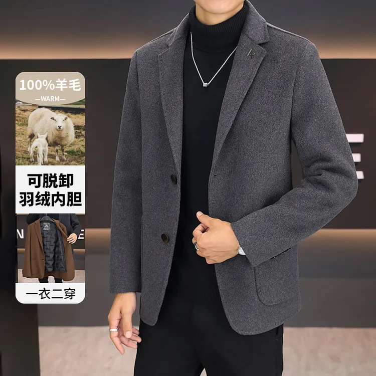 男士高品质秋冬羊毛呢大衣双面呢可脱卸商务休闲西装领外套