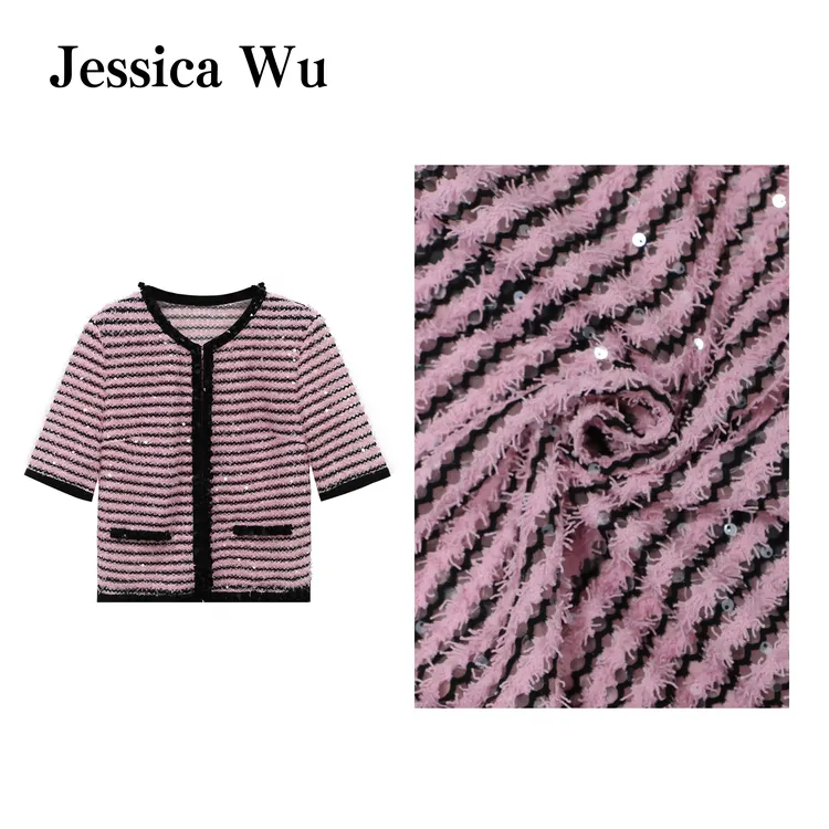 JESSICA WU玫瑰慕斯~粉墨雅调减龄撞色精致亮片短袖开衫