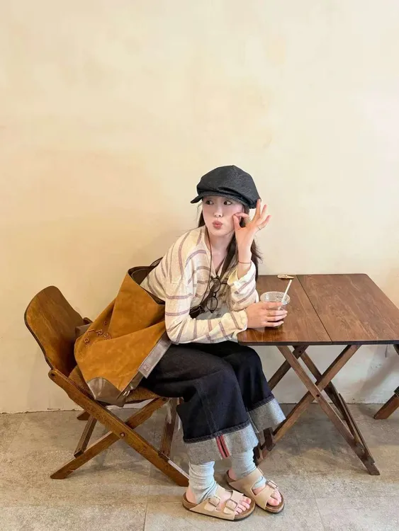 2025秋季新款韩系条纹长袖t恤慵懒风防晒罩衫上衣百搭牛仔裤套装