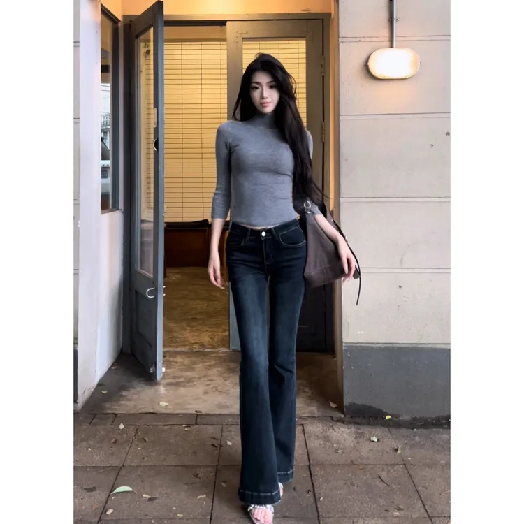 现货【高质量漫画长腿】牛仔裤女春秋冬中高腰显瘦复古喇叭裤