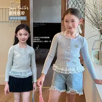 【大清仓】童装女童长袖假两件上衣春秋半身裙蕾丝花边挂脖T恤