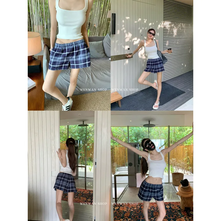 【素颜双拼！】慵懒随性经典格纹松紧腰休闲短裤