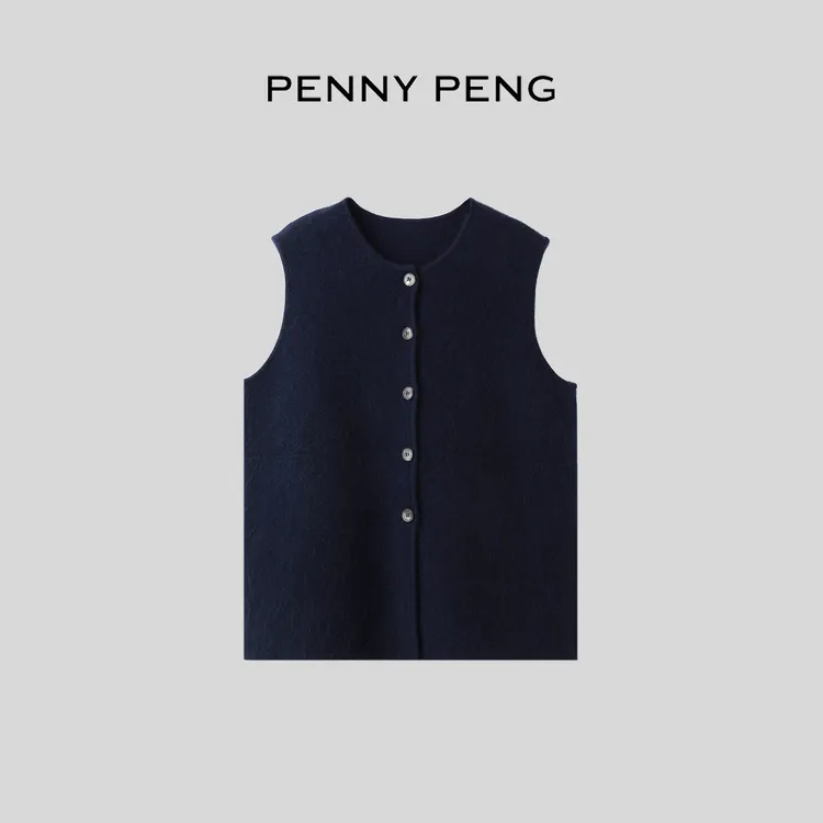 PENNYPENG 都市图鉴 黑标系列气质慵懒风圆领浣熊毛针织无袖马甲