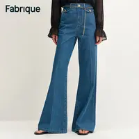 Fabrique Elly 早秋新品里昂蓝水洗绿调流苏腰链经典喇叭牛仔裤