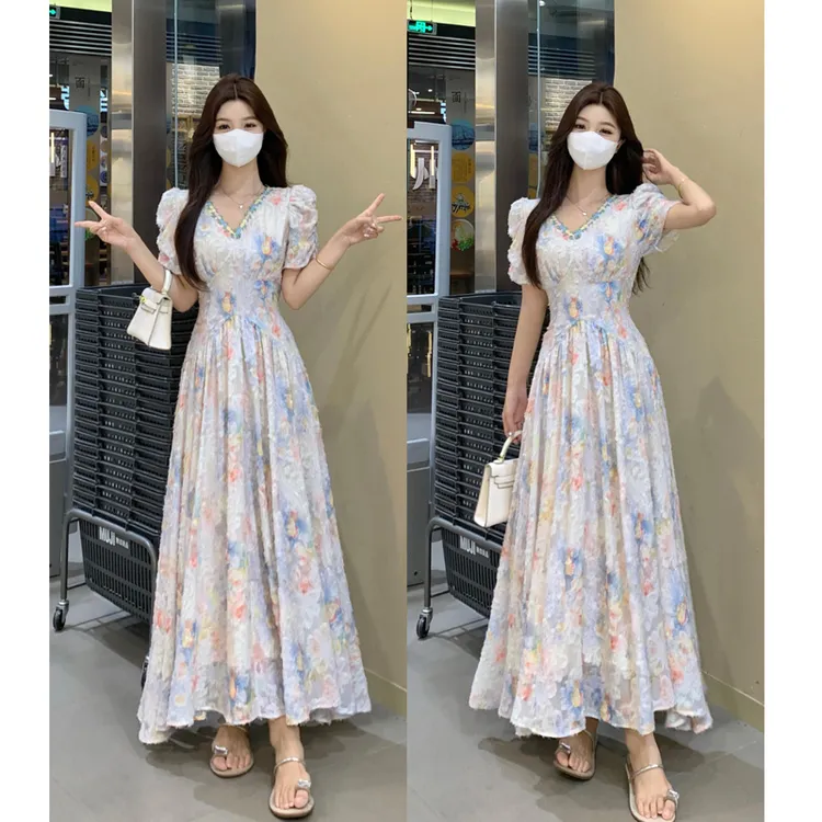 大码法式甜美风碎花连衣裙夏季新款高腰显瘦夏季新款绝美仙女长裙