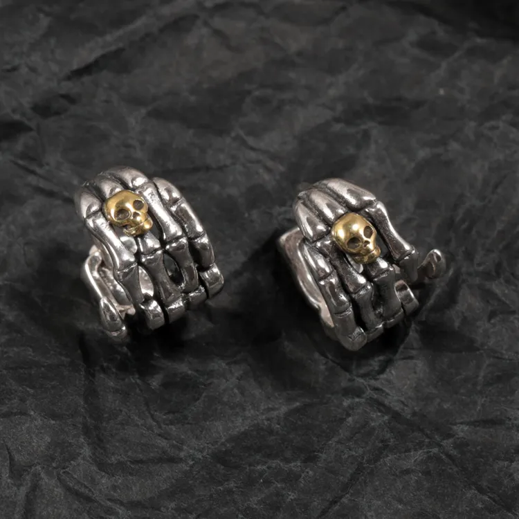 925银耳饰 重工嘻哈复古做旧高级男士骷髅手骨耳钉个性痞帅耳圈
