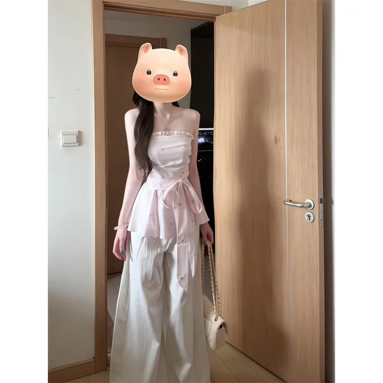 夏季甜美可爱风粉色条胸上衣系带收腰显瘦少感露肩T恤直筒阔腿裤