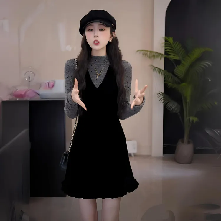 2025秋冬新款打底套装连衣裙波点打底衫丝绒背心两件套连衣裙女