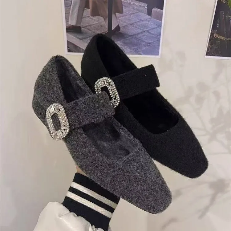 法式高跟玛丽珍毛毛鞋女鞋子2024秋冬季配裙子晚晚鞋加绒水钻单鞋