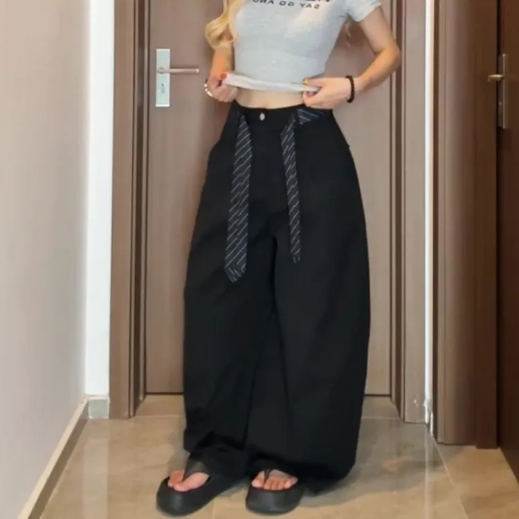 气质领带设计感弯刀阔腿裤女2025年早秋新款极简风宽松时尚休闲裤
