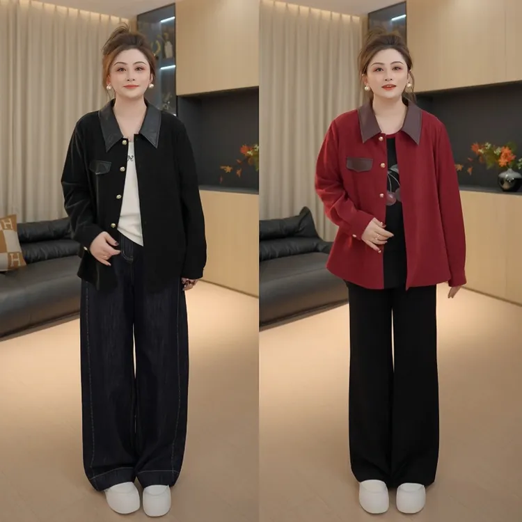 【胖佳佳】画报衬衫 皮领拼接长袖小衫秋季气质百搭女H625C13544