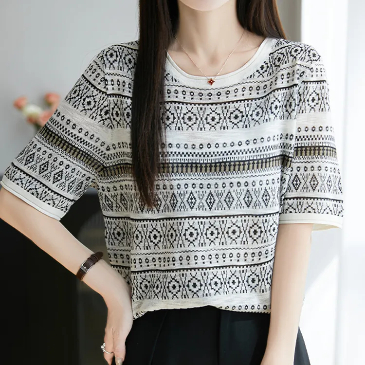 2025夏季新款西米亚天丝亚麻短袖重工提花舒适透气百搭针织衫直播