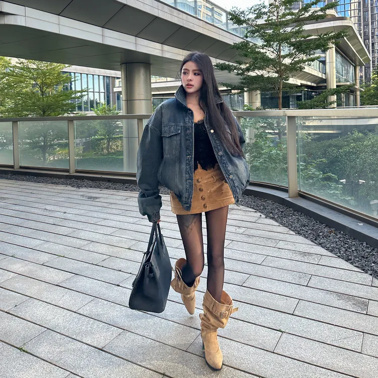 重工深色水洗美式复古夹棉加厚做旧牛仔外套夹克棉服高级风潮感