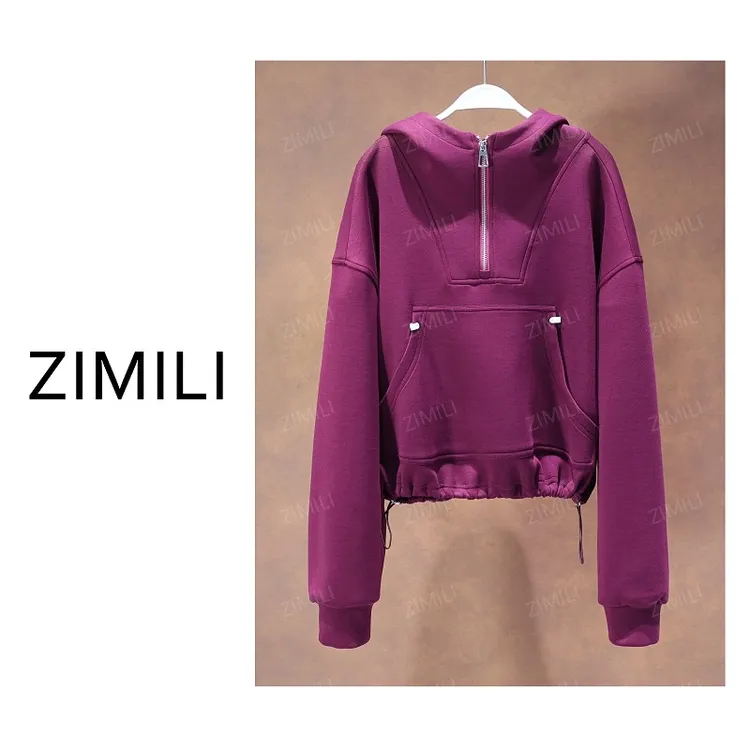 【亮哥欧货女装】冬季麂皮绒加厚《静穆》绛紫色连帽卫衣5323-K3