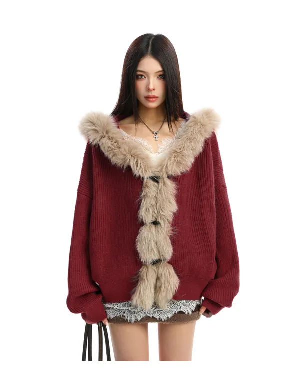 美式复古设计感大毛领拼接连帽毛衣女秋冬慵懒风气质宽松针织上衣