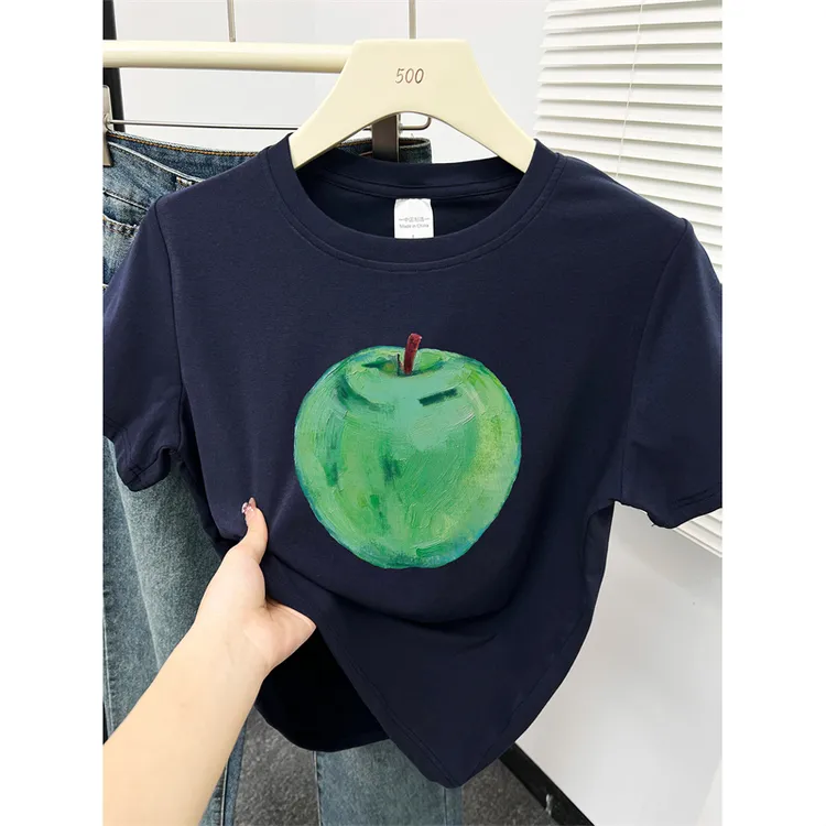 青苹果印花正肩短袖T恤大码女装夏季胖mm遮肉显瘦圆领半袖上衣