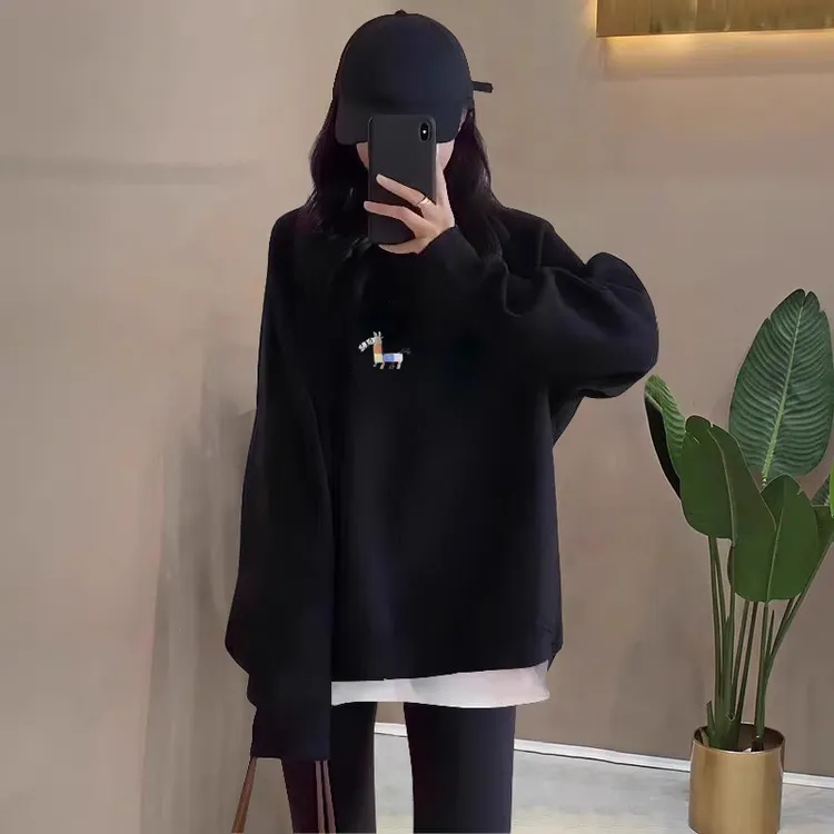 假两件圆领卫衣黑色女2025秋冬新款宽松中长款遮屁股加绒加厚上衣