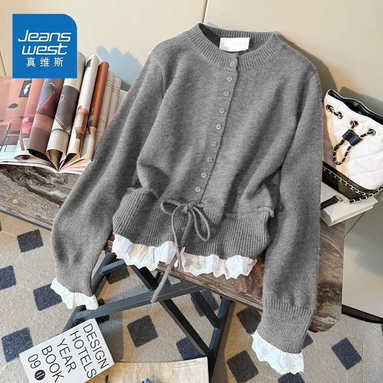 真维斯开衫短款慵懒纯欲上衣针织韩系花边毛衣女装秋冬收腰撞色H