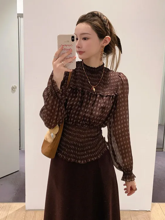 早秋chic穿搭两件套气质高级感棕色印花衬衫半身裙洋气漂亮小套装