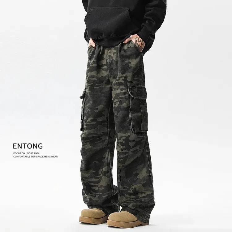 Entong美式复古迷彩宽松做旧潮流大口袋工装休闲裤男款直筒长裤子